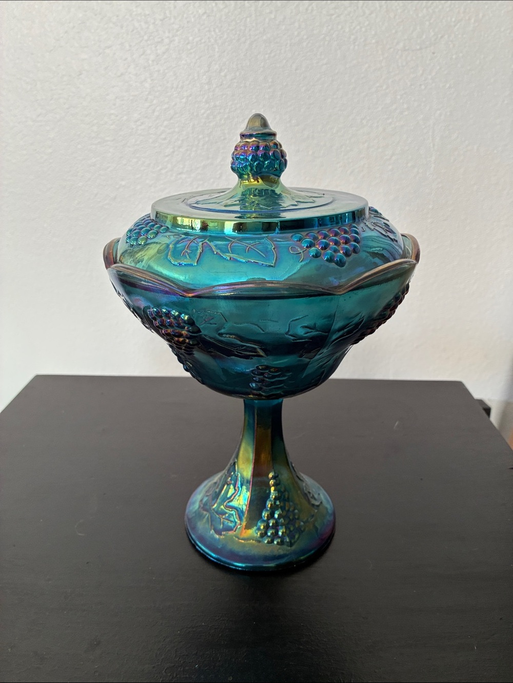 Vintage Indiana Carnival Glass Covered Compote Harvest Grape
